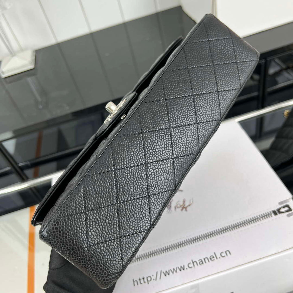 Chanel A01112 Flap Classic Handbag Grained Calfskin & Silver-Tone Metal Black