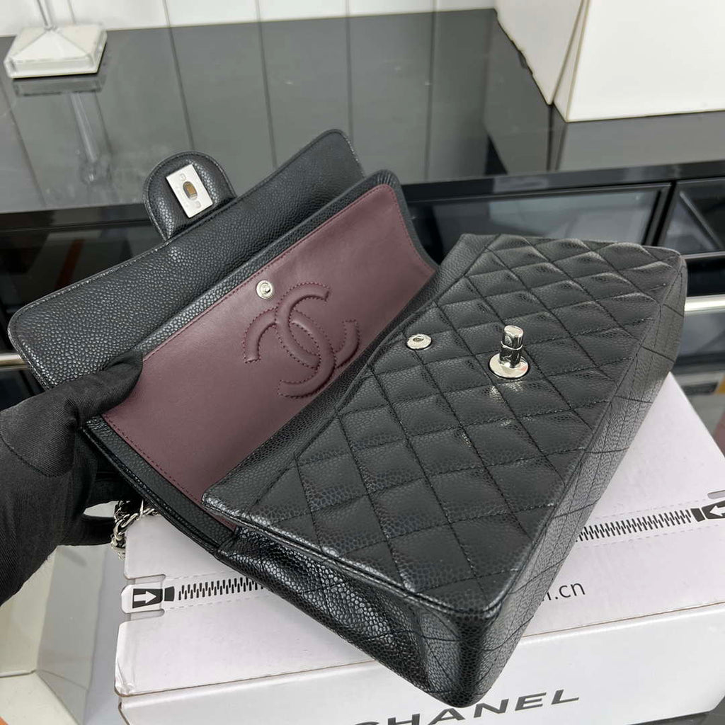 Chanel A01112 Flap Classic Handbag Grained Calfskin & Silver-Tone Metal Black
