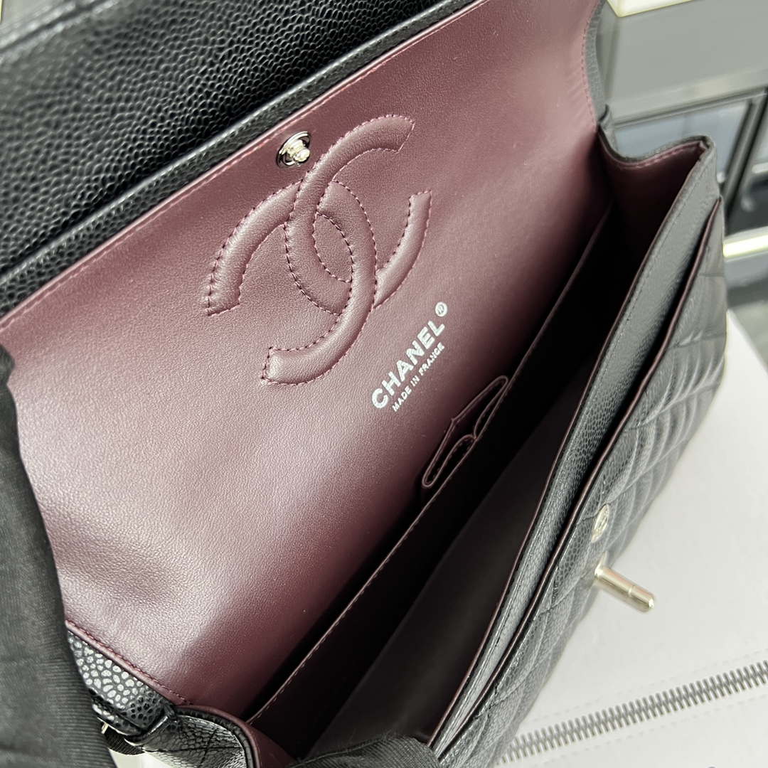 Chanel A01112 Flap Classic Handbag Grained Calfskin & Silver-Tone Metal Black