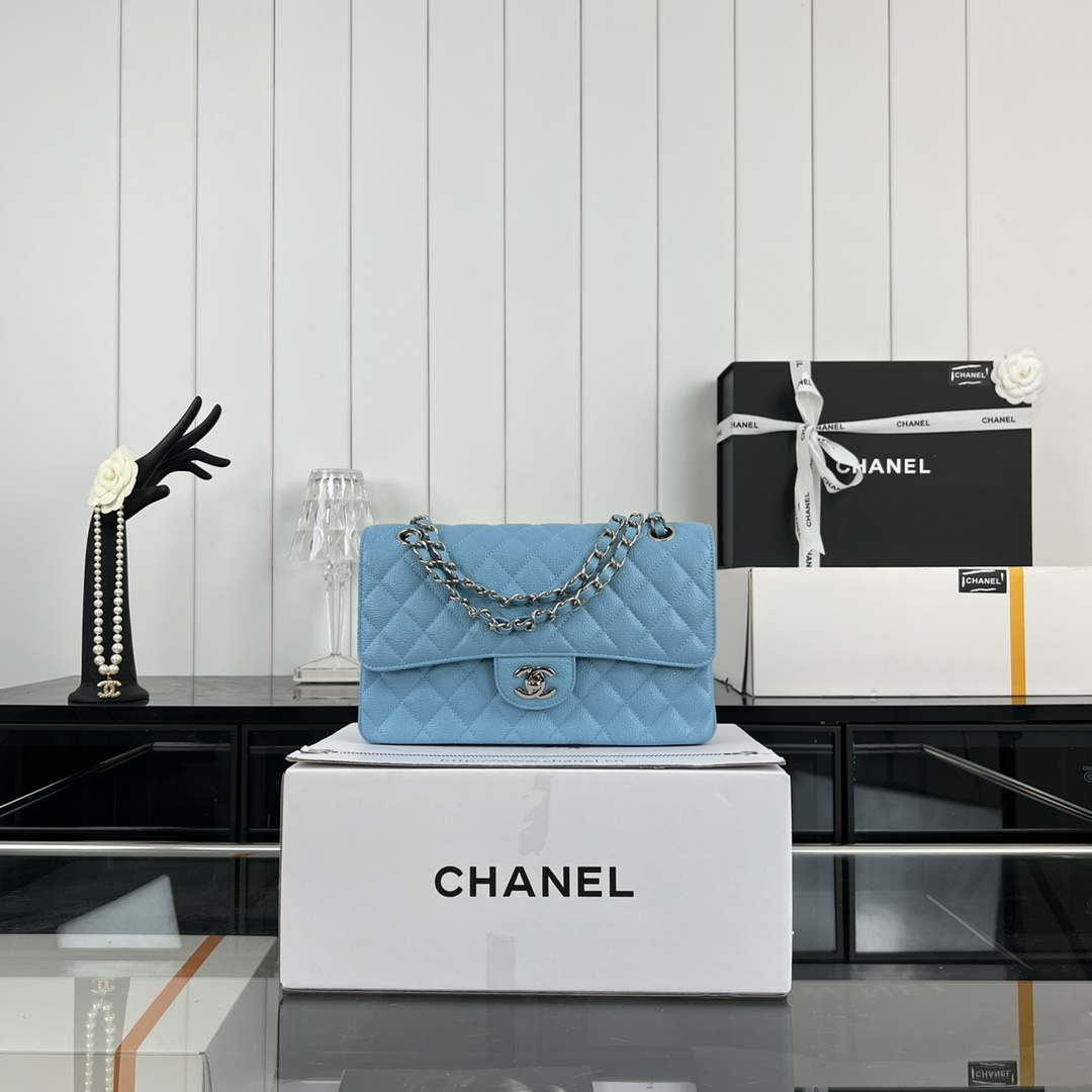 Chanel A01112 Flap Classic Handbag Grained Calfskin & Silver-Tone Metal Blue - Default Title - View 1
