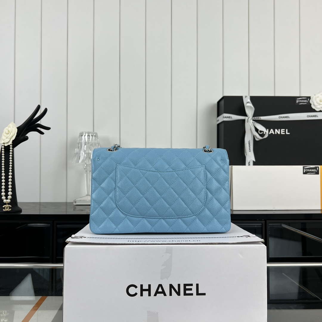 Chanel A01112 Flap Classic Handbag Grained Calfskin & Silver-Tone Metal Blue - Default Title - View 3