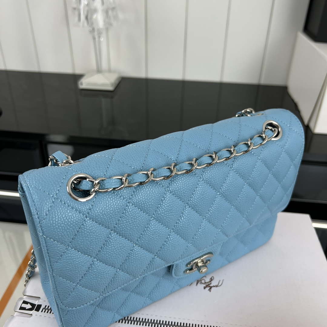 Chanel A01112 Flap Classic Handbag Grained Calfskin & Silver-Tone Metal Blue - Default Title - View 4