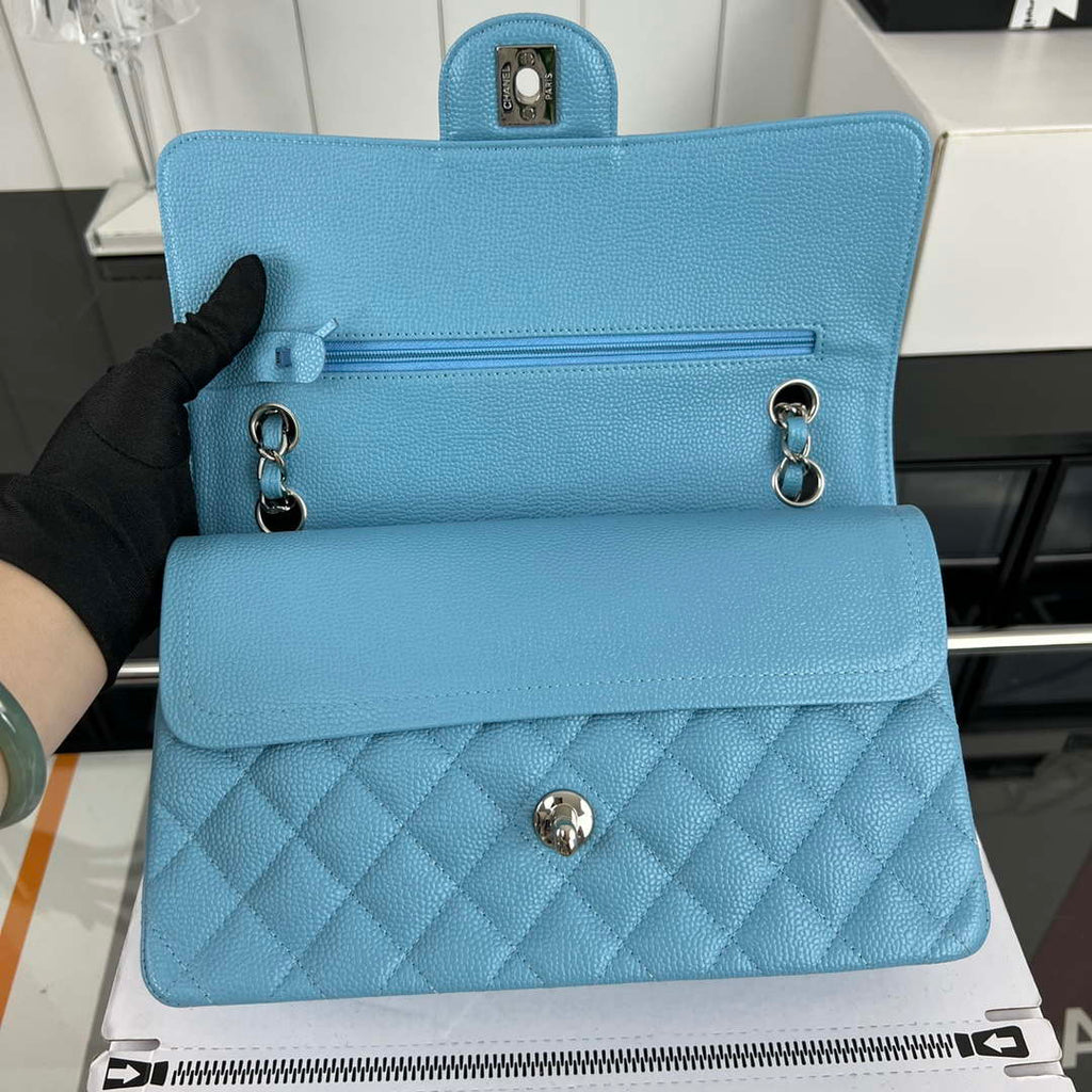 Chanel A01112 Flap Classic Handbag Grained Calfskin & Silver-Tone Metal Blue