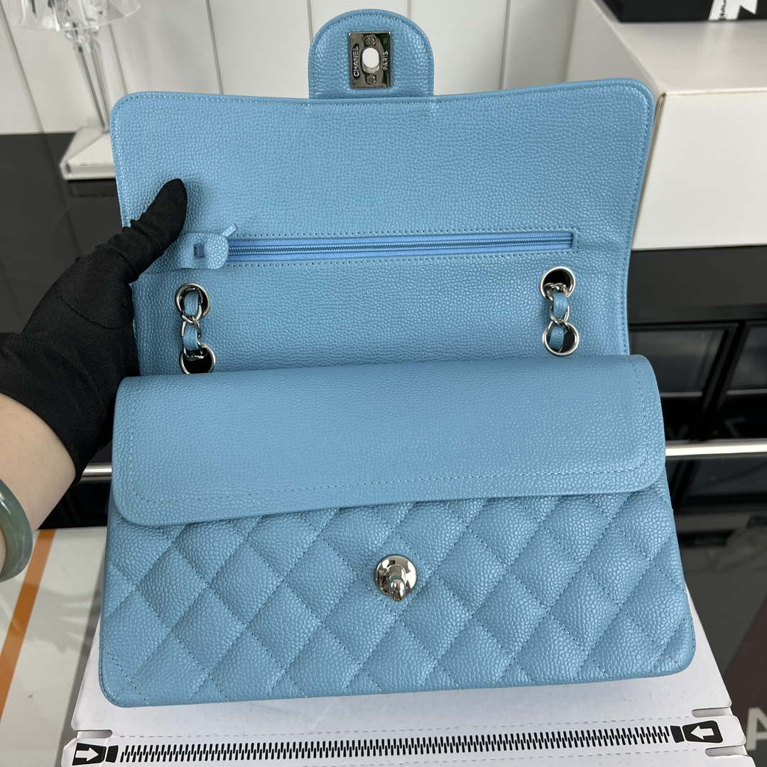 Chanel A01112 Flap Classic Handbag Grained Calfskin & Silver-Tone Metal Blue - Default Title - View 6