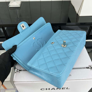 Chanel A01112 Flap Classic Handbag Grained Calfskin & Silver-Tone Metal Blue - Default Title - View 7