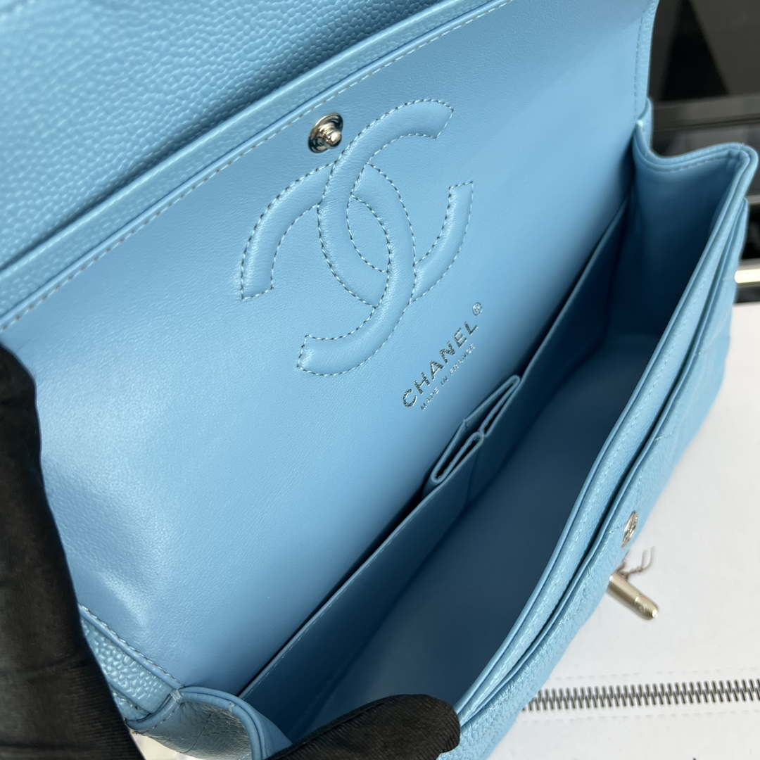 Chanel A01112 Flap Classic Handbag Grained Calfskin & Silver-Tone Metal Blue