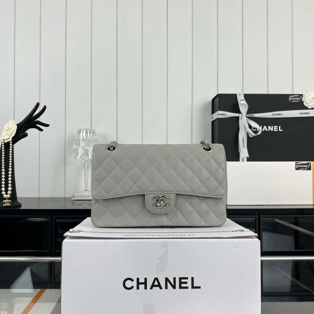 Chanel A01112 Flap Classic Handbag Grained Calfskin & Silver-Tone Metal Gray