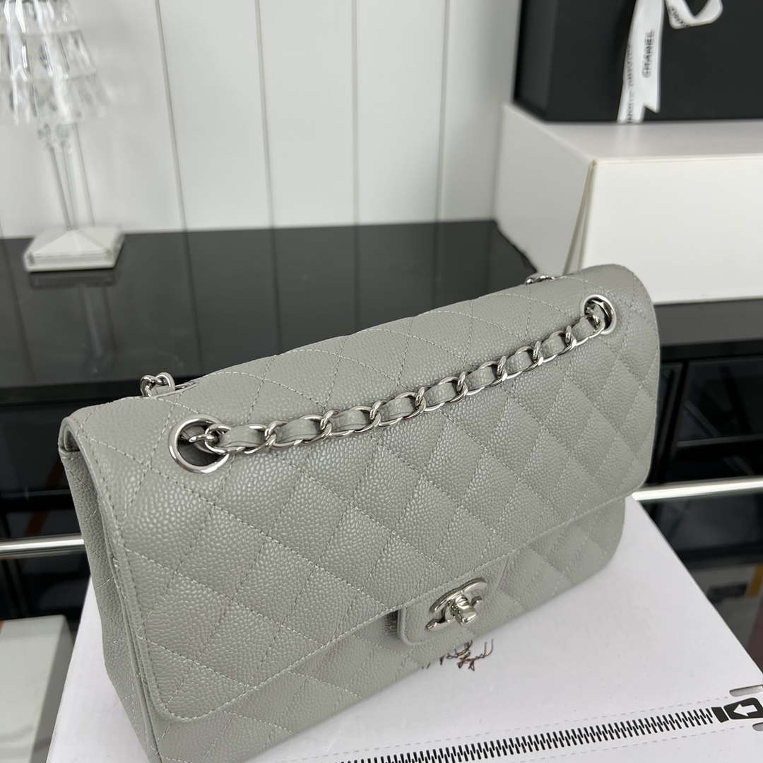 Chanel A01112 Flap Classic Handbag Grained Calfskin & Silver-Tone Metal Gray