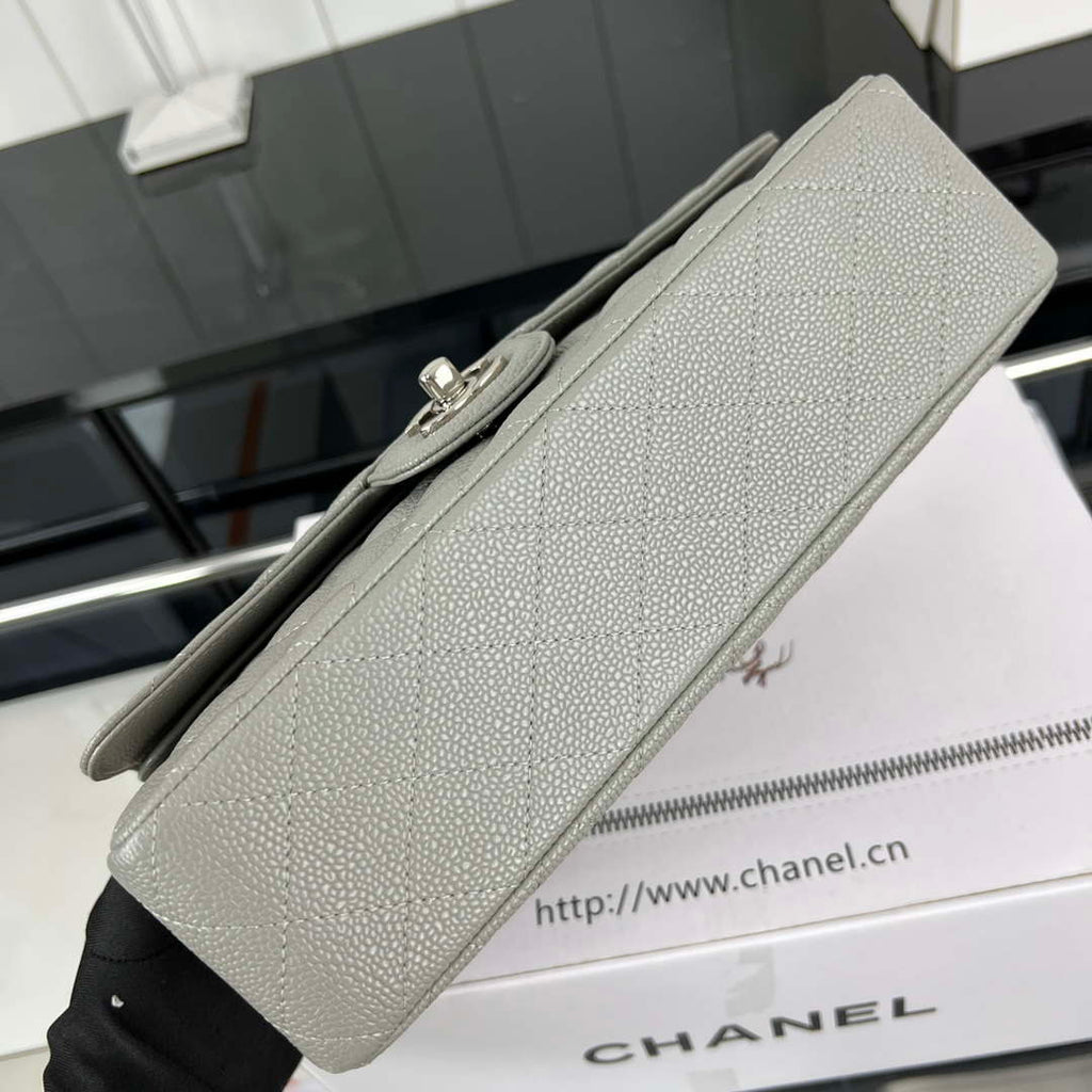 Chanel A01112 Flap Classic Handbag Grained Calfskin & Silver-Tone Metal Gray