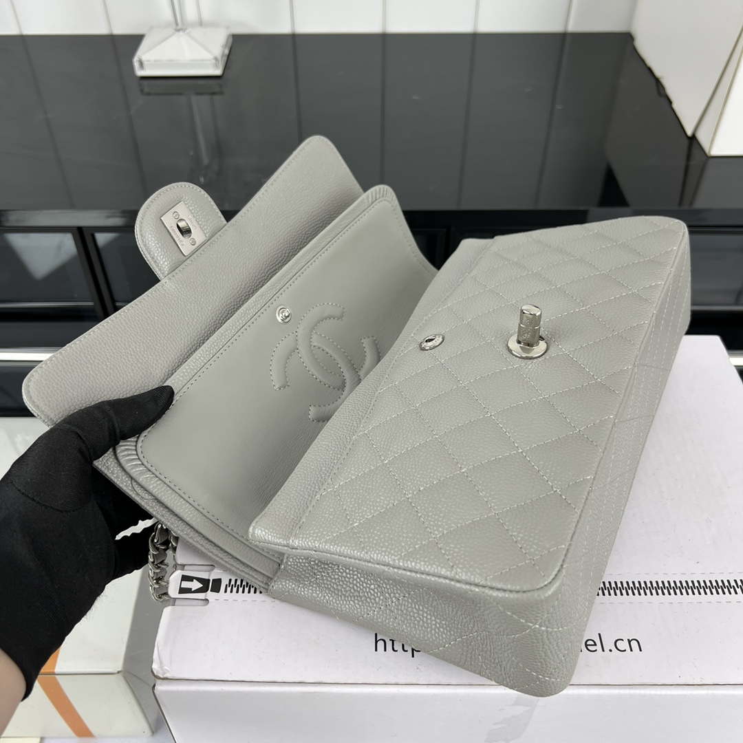 Chanel A01112 Flap Classic Handbag Grained Calfskin & Silver-Tone Metal Gray