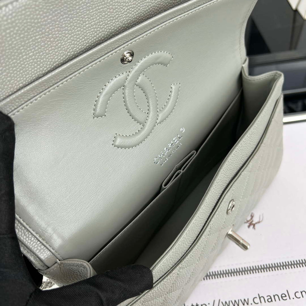 Chanel A01112 Flap Classic Handbag Grained Calfskin & Silver-Tone Metal Gray