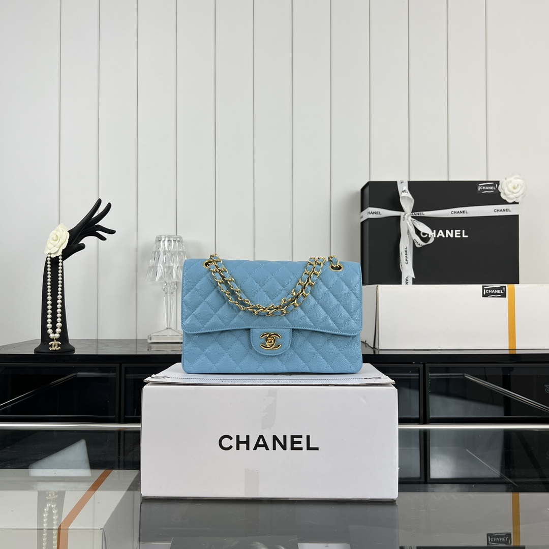 Chanel A01112 Flap Classic Handbag Grained Calfskin & Gold-Tone Metal Blue - Default Title - View 1
