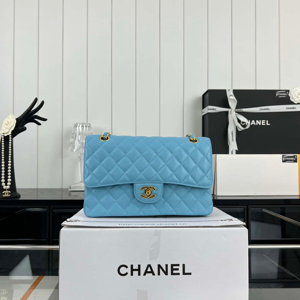 Chanel A01112 Flap Classic Handbag Grained Calfskin & Gold-Tone Metal Blue