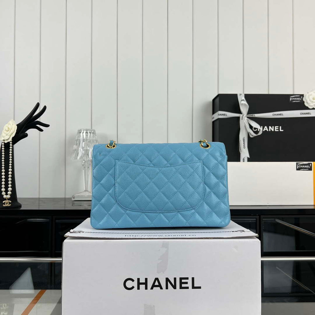 Chanel A01112 Flap Classic Handbag Grained Calfskin & Gold-Tone Metal Blue