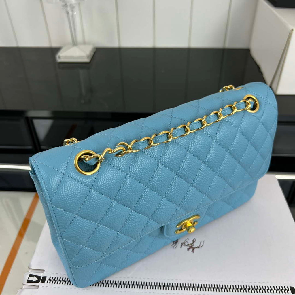 Chanel A01112 Flap Classic Handbag Grained Calfskin & Gold-Tone Metal Blue
