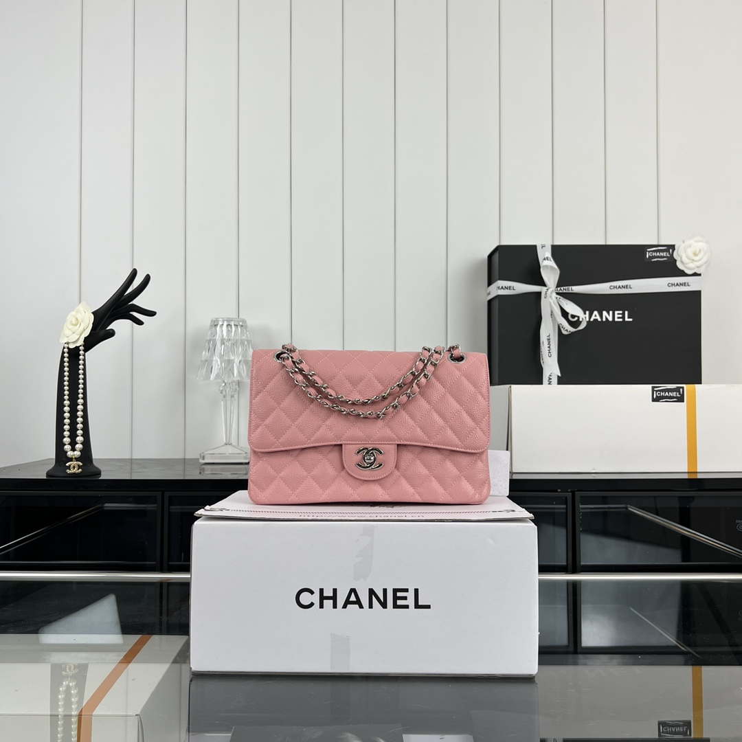 Chanel A01112 Flap Classic Handbag Grained Calfskin & Silver-Tone Metal Pink - Default Title - View 1