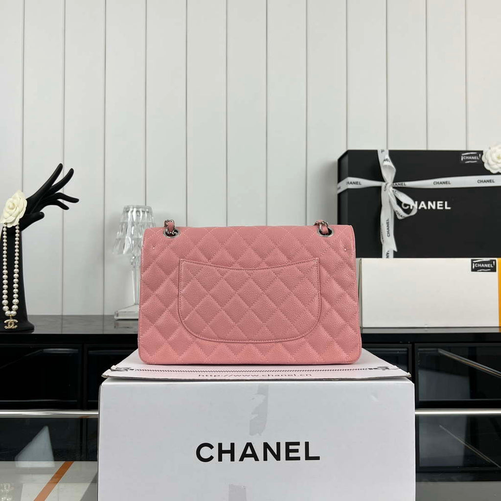 Chanel A01112 Flap Classic Handbag Grained Calfskin & Silver-Tone Metal Pink