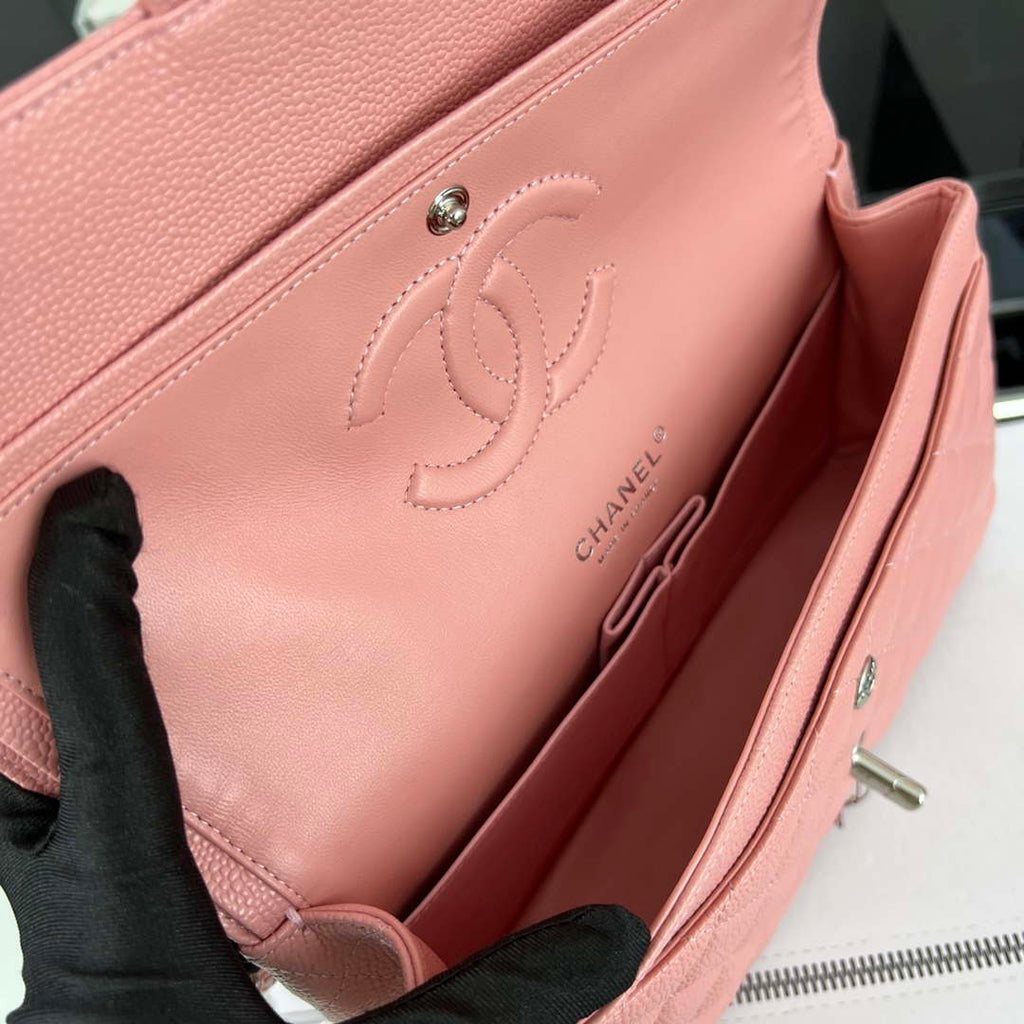 Chanel A01112 Flap Classic Handbag Grained Calfskin & Silver-Tone Metal Pink