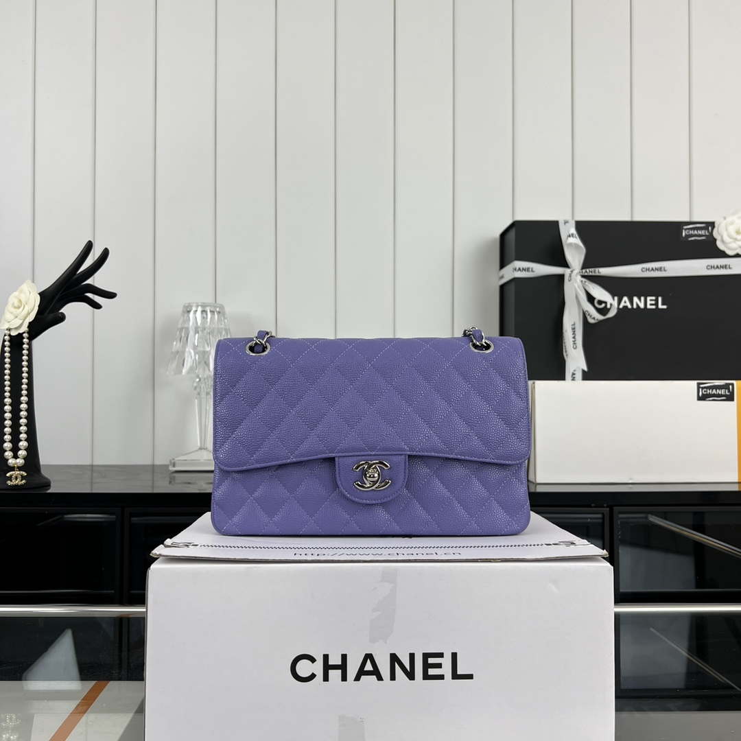Chanel A01112 Flap Classic Handbag Grained Calfskin & Silver-Tone Metal Purple - Default Title - View 2