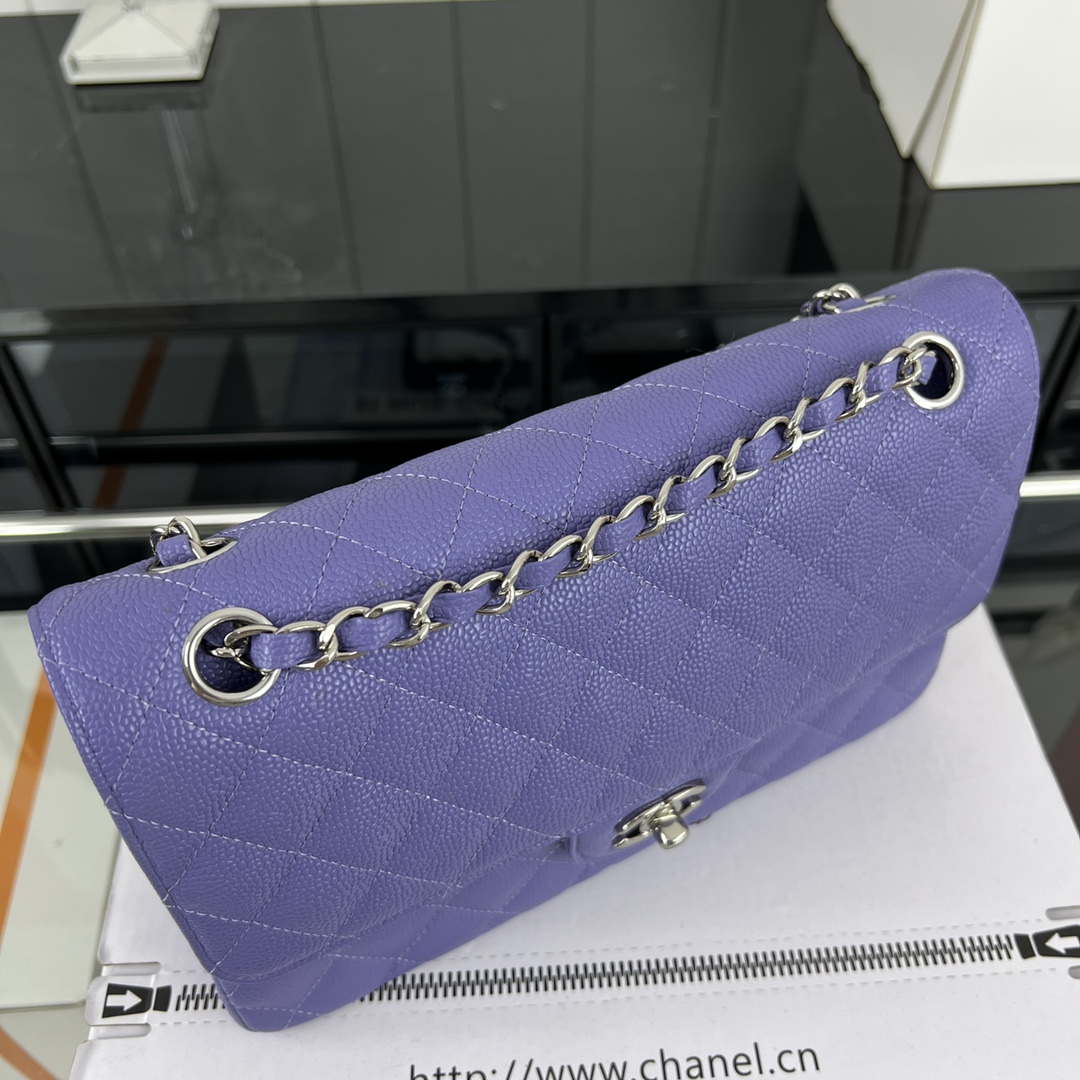 Chanel A01112 Flap Classic Handbag Grained Calfskin & Silver-Tone Metal Purple