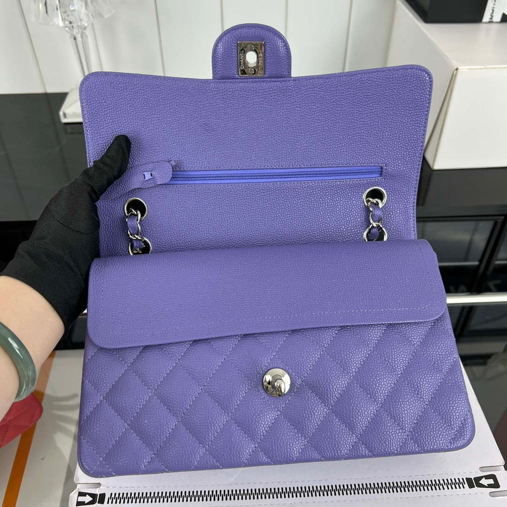 Chanel A01112 Flap Classic Handbag Grained Calfskin & Silver-Tone Metal Purple