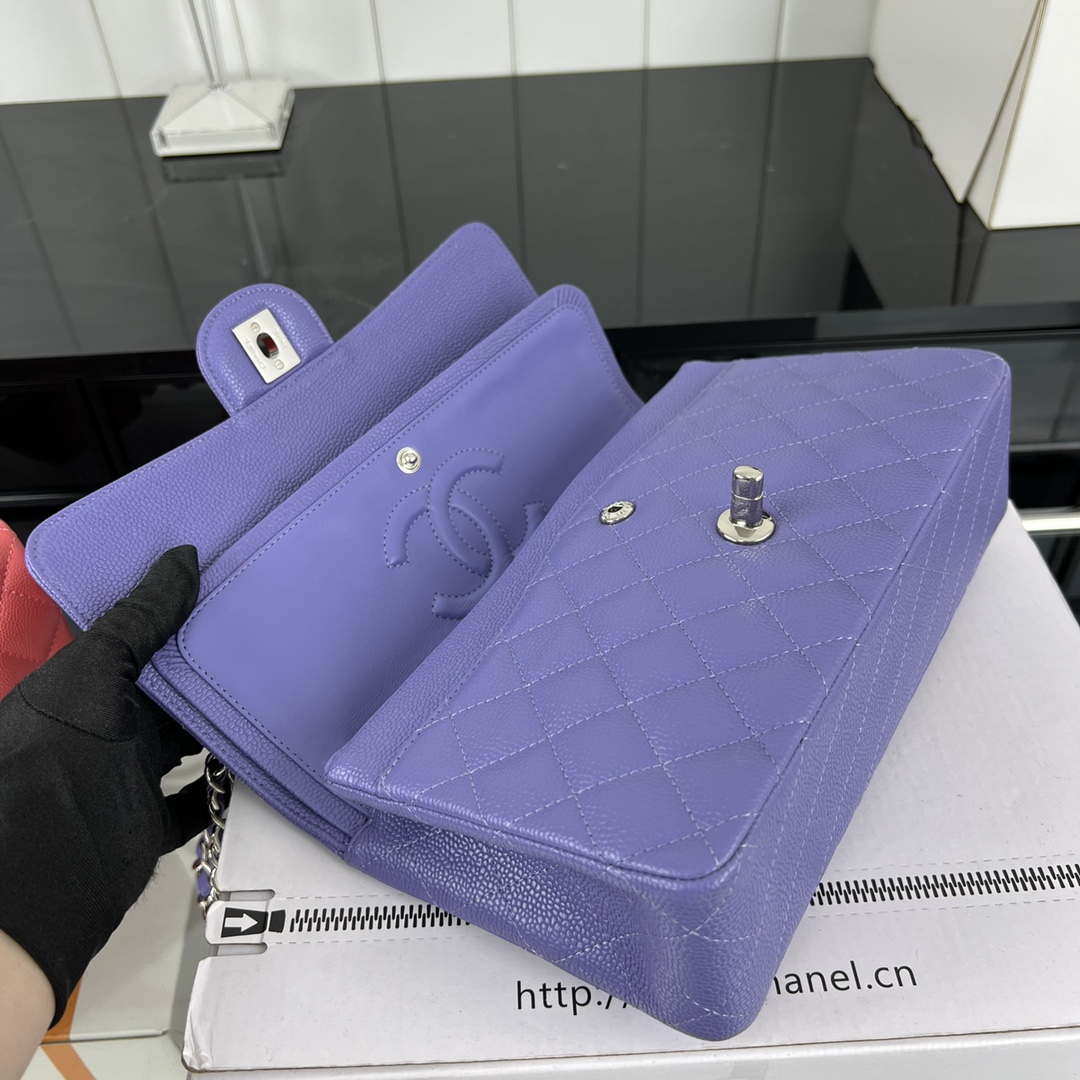 Chanel A01112 Flap Classic Handbag Grained Calfskin & Silver-Tone Metal Purple