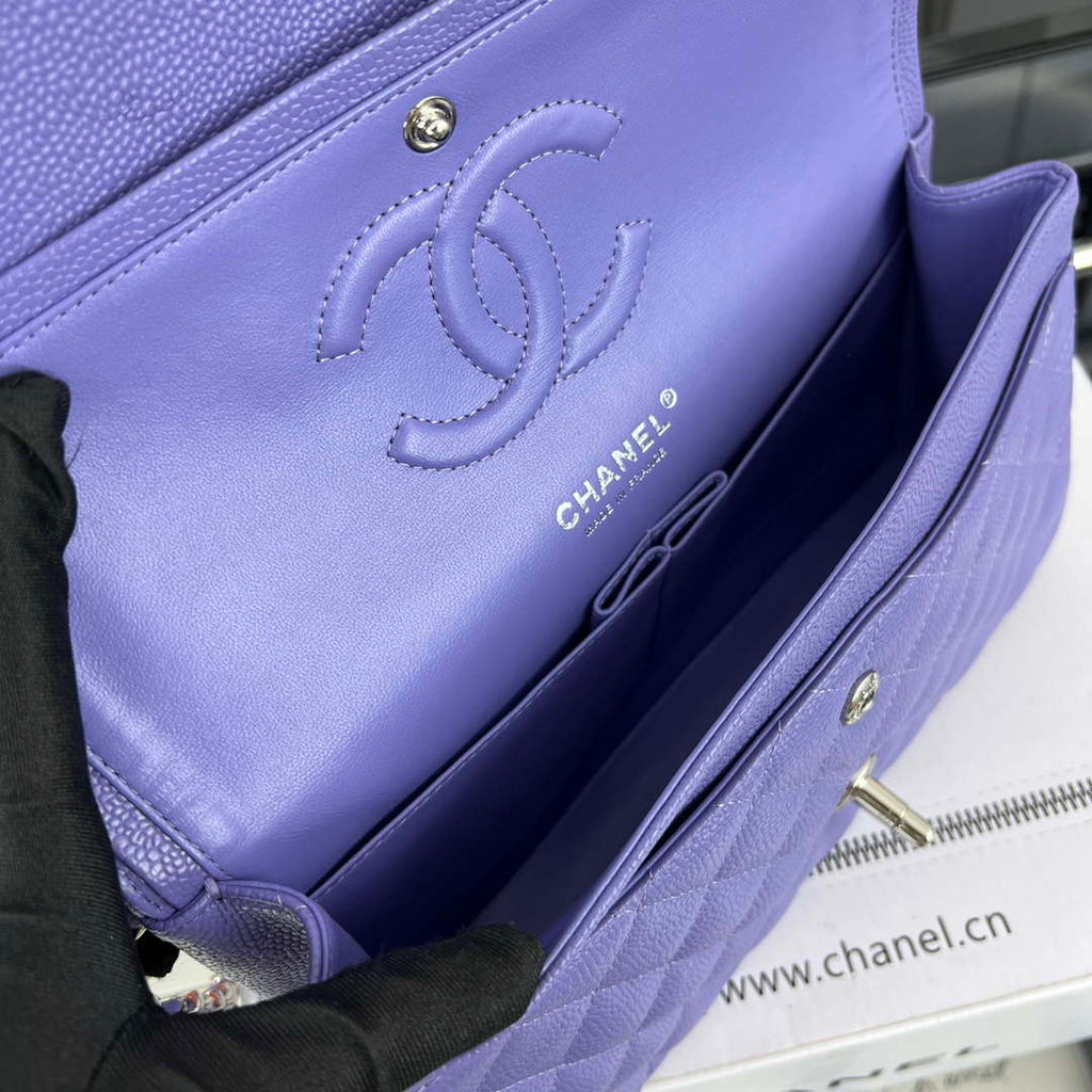 Chanel A01112 Flap Classic Handbag Grained Calfskin & Silver-Tone Metal Purple