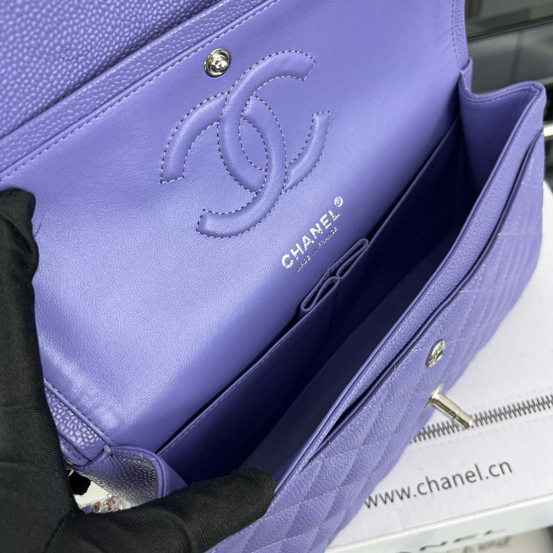 Chanel A01112 Flap Classic Handbag Grained Calfskin & Silver-Tone Metal Purple