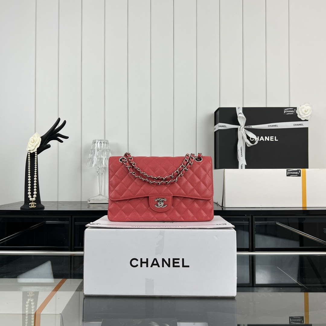 Chanel A01112 Flap Classic Handbag Grained Calfskin & Silver-Tone Metal Red - Default Title - View 1