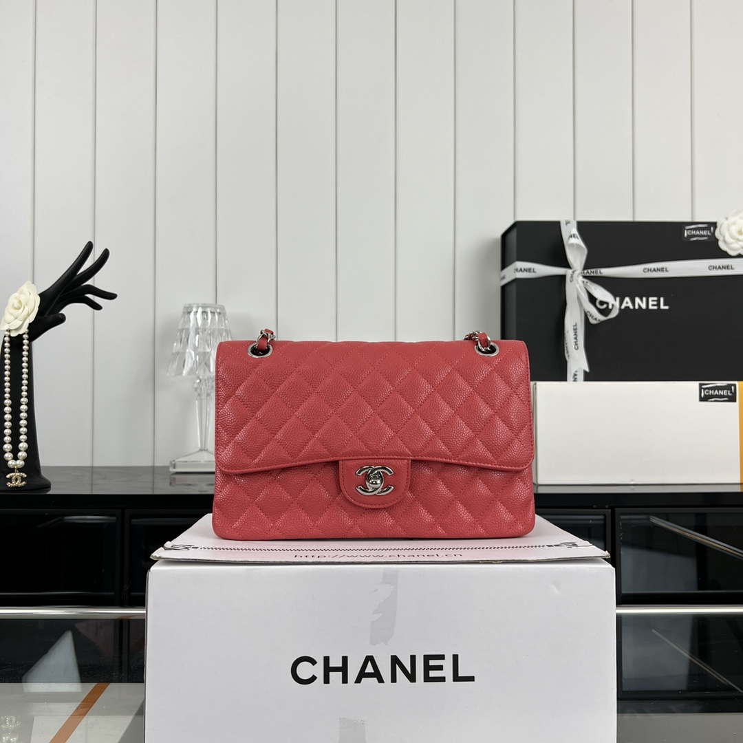 Chanel A01112 Flap Classic Handbag Grained Calfskin & Silver-Tone Metal Red - Default Title - View 2