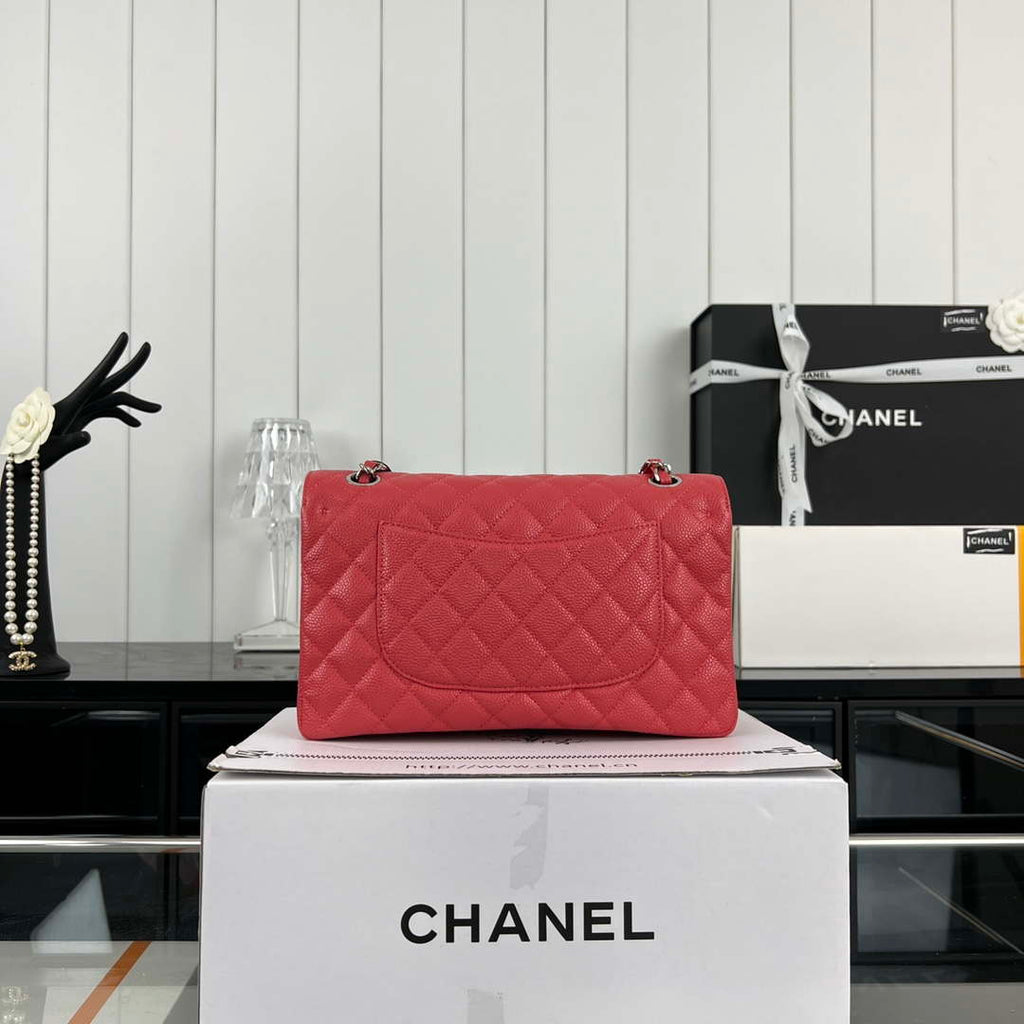 Chanel A01112 Flap Classic Handbag Grained Calfskin & Silver-Tone Metal Red