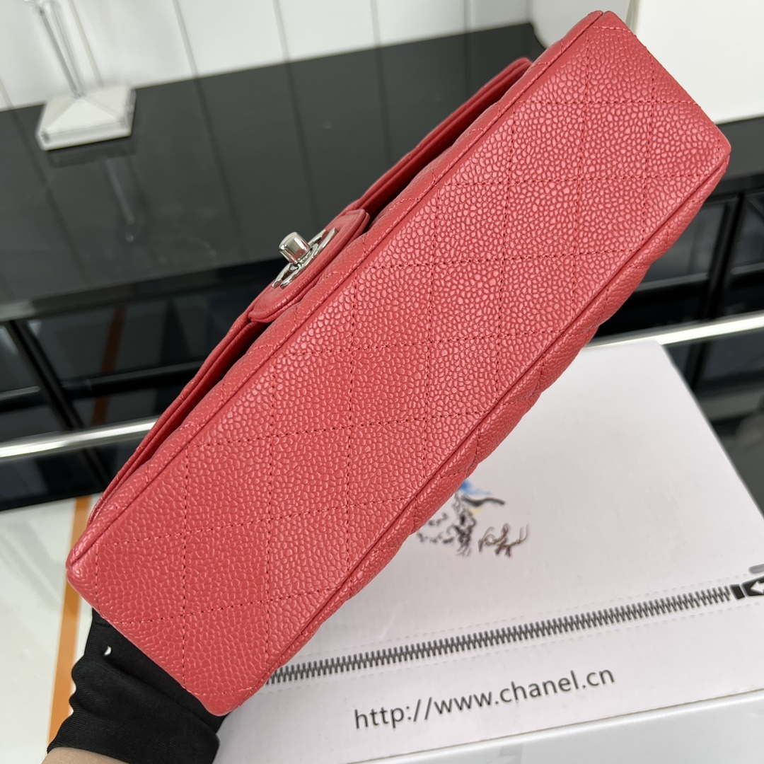 Chanel A01112 Flap Classic Handbag Grained Calfskin & Silver-Tone Metal Red - Default Title - View 5