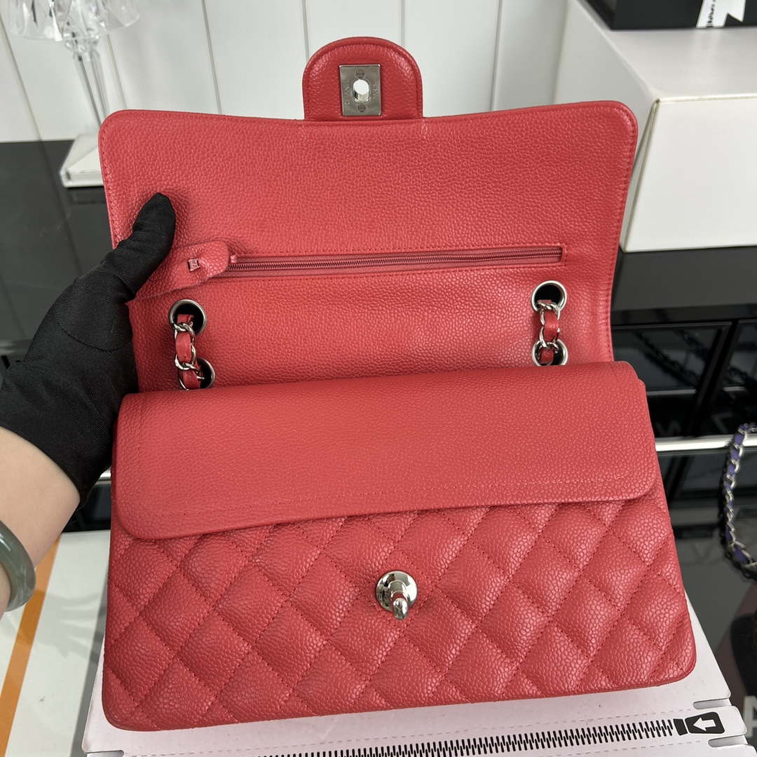 Chanel A01112 Flap Classic Handbag Grained Calfskin & Silver-Tone Metal Red - Default Title - View 6