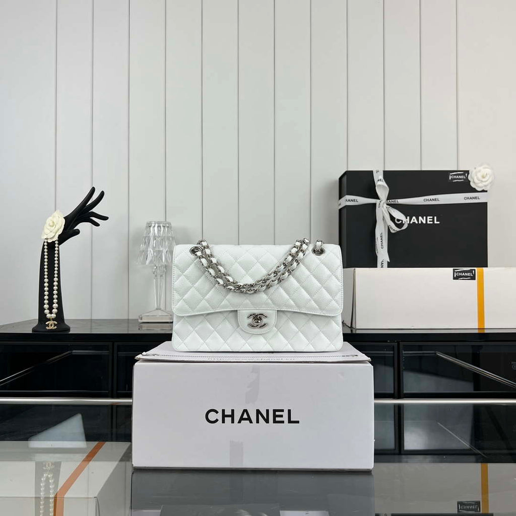 Chanel A01112 Flap Classic Handbag Grained Calfskin & Silver-Tone Metal White