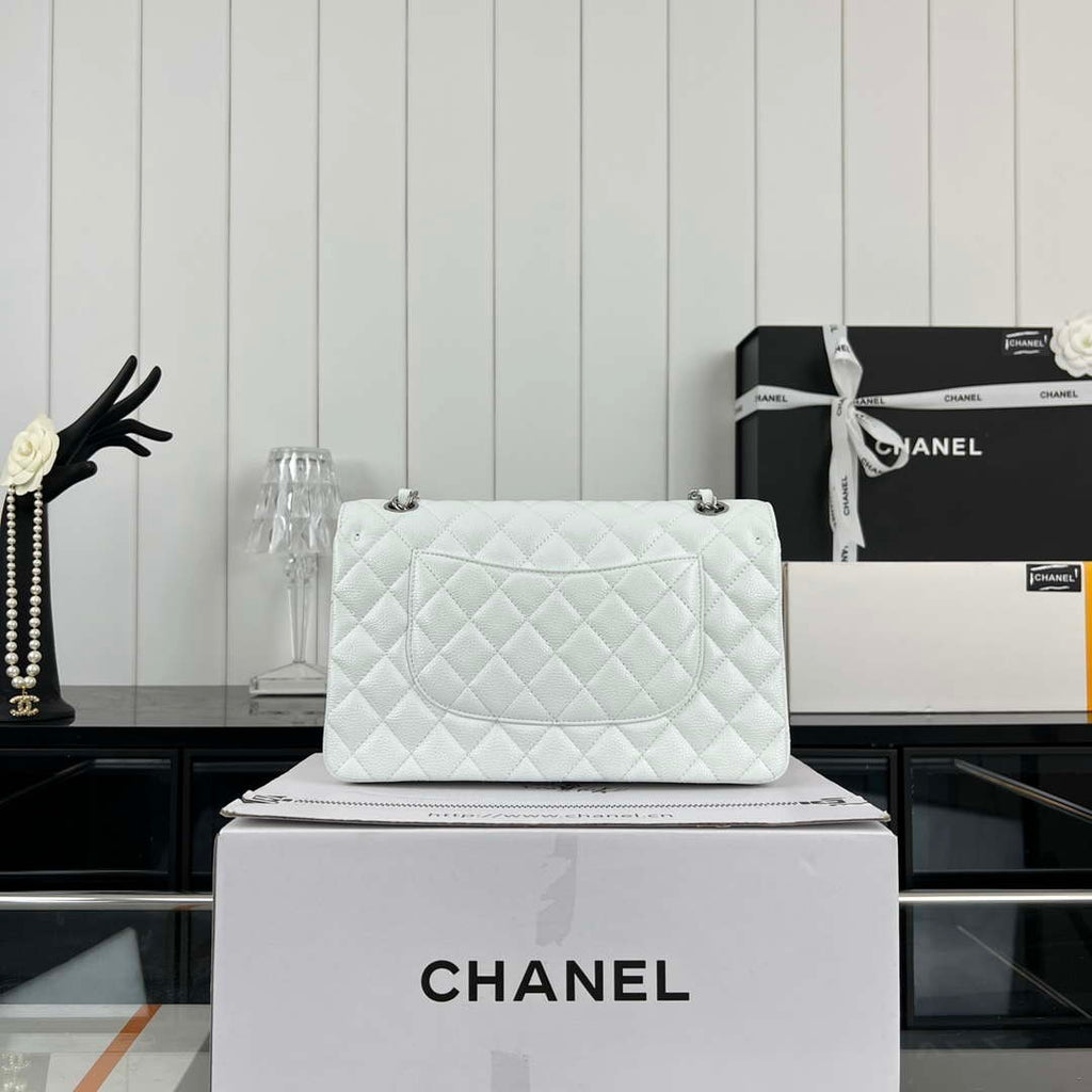 Chanel A01112 Flap Classic Handbag Grained Calfskin & Silver-Tone Metal White