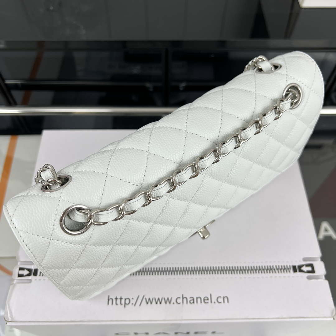 Chanel A01112 Flap Classic Handbag Grained Calfskin & Silver-Tone Metal White