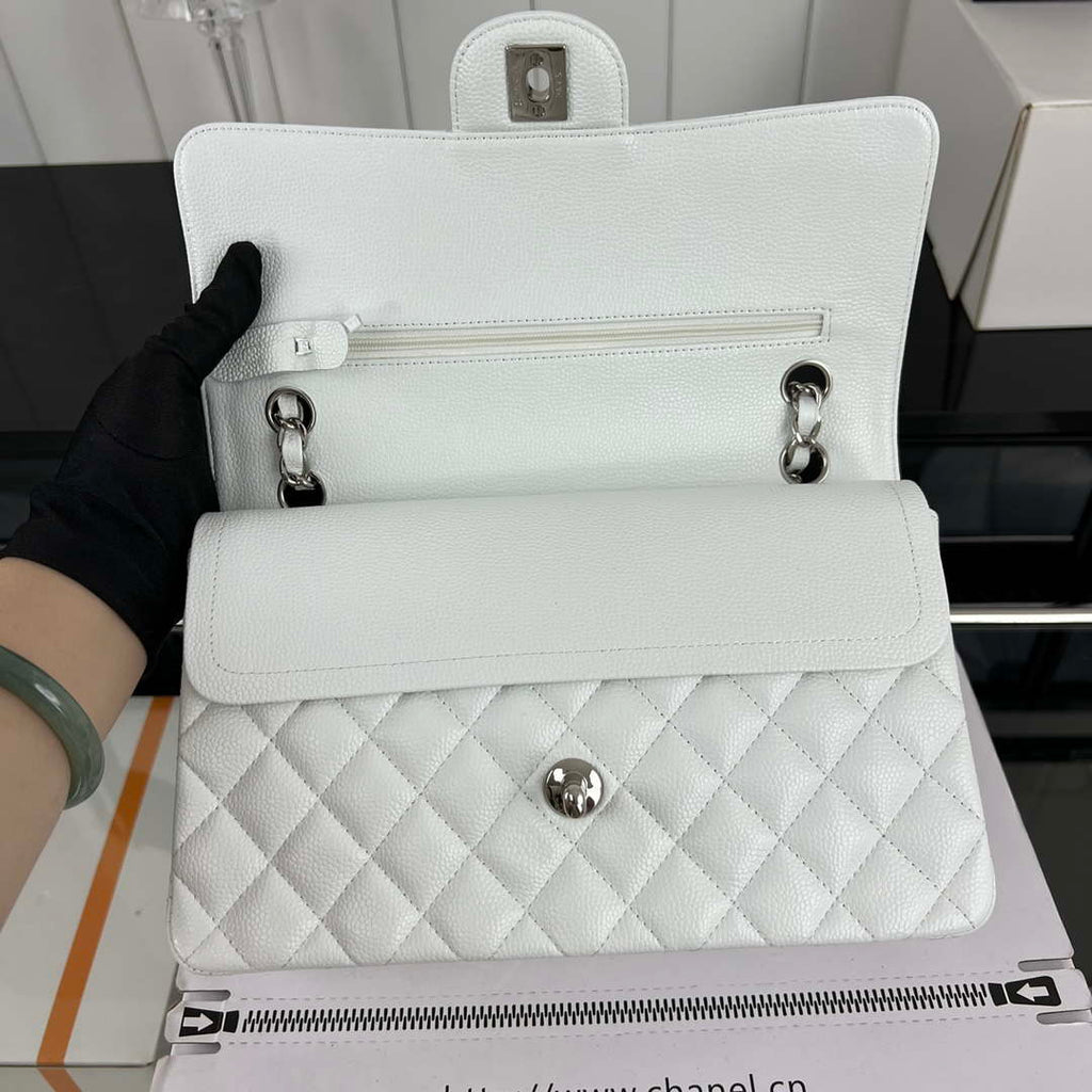 Chanel A01112 Flap Classic Handbag Grained Calfskin & Silver-Tone Metal White