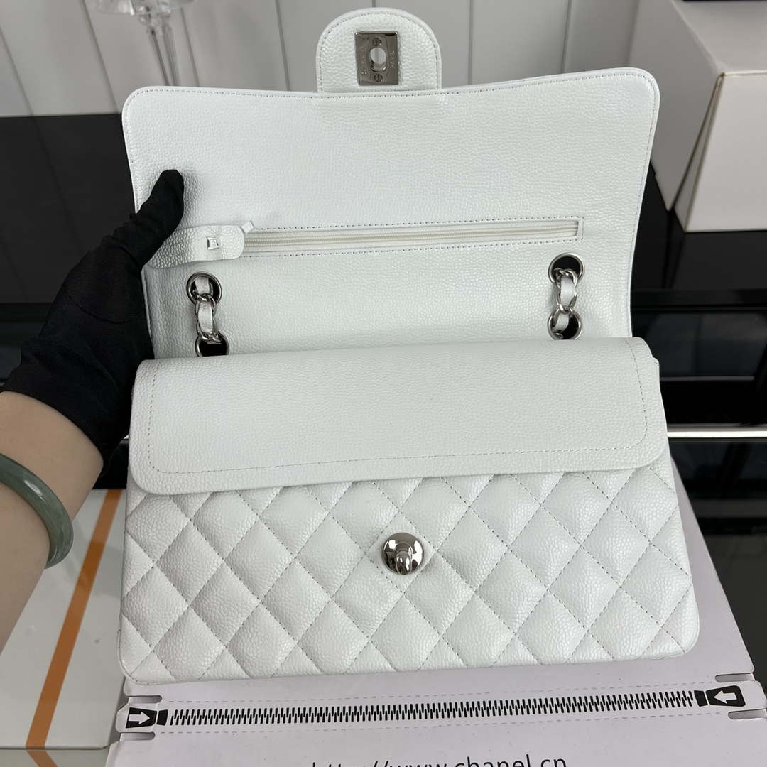 Chanel A01112 Flap Classic Handbag Grained Calfskin & Silver-Tone Metal White - Default Title - View 5