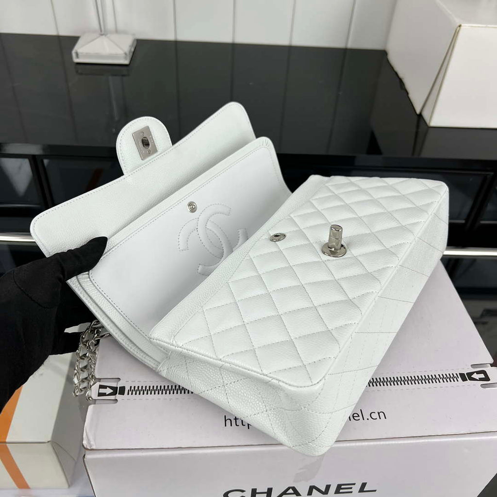 Chanel A01112 Flap Classic Handbag Grained Calfskin & Silver-Tone Metal White