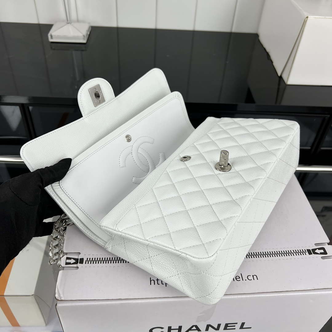 Chanel A01112 Flap Classic Handbag Grained Calfskin & Silver-Tone Metal White - Default Title - View 6