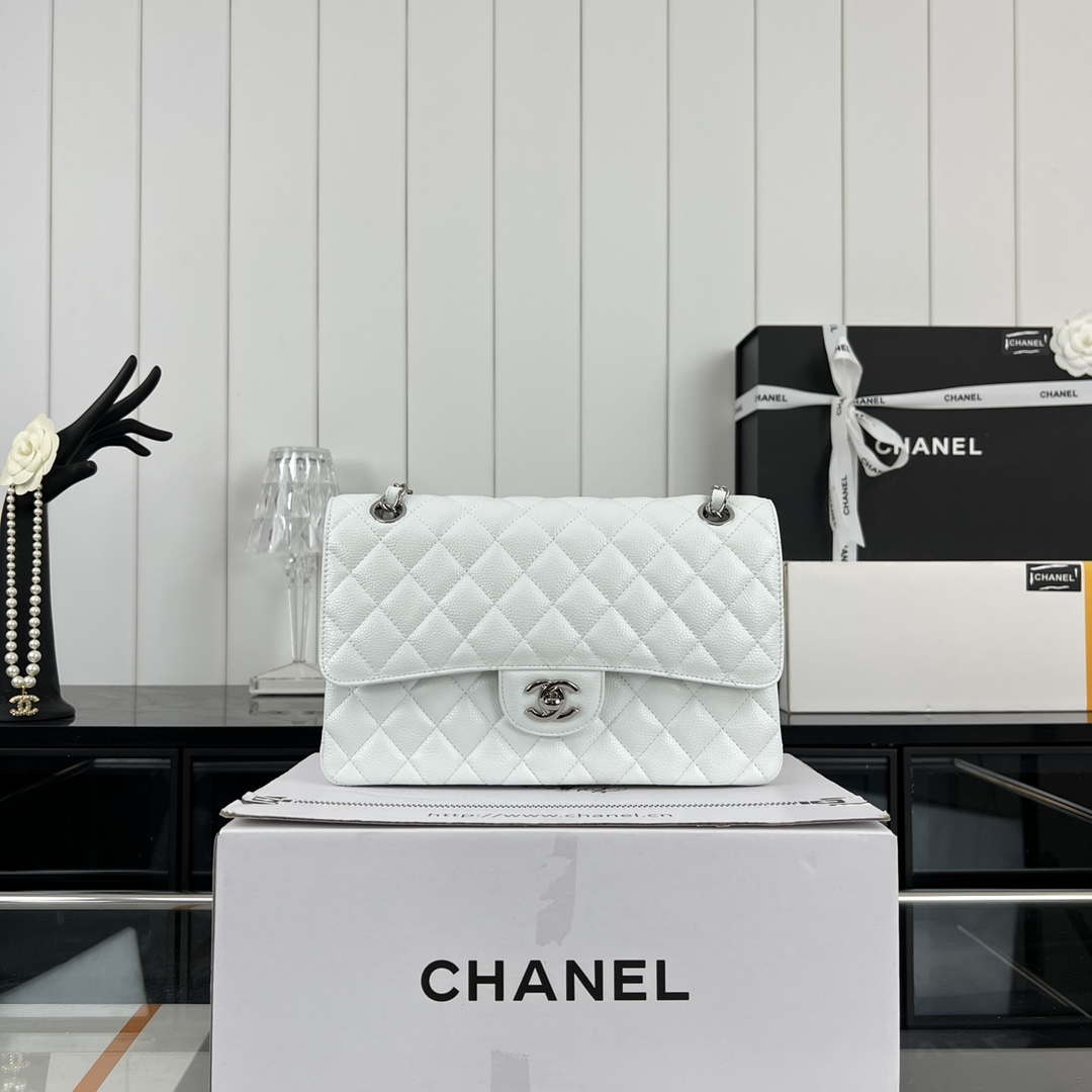 Chanel A01112 Flap Classic Handbag Grained Calfskin & Silver-Tone Metal White