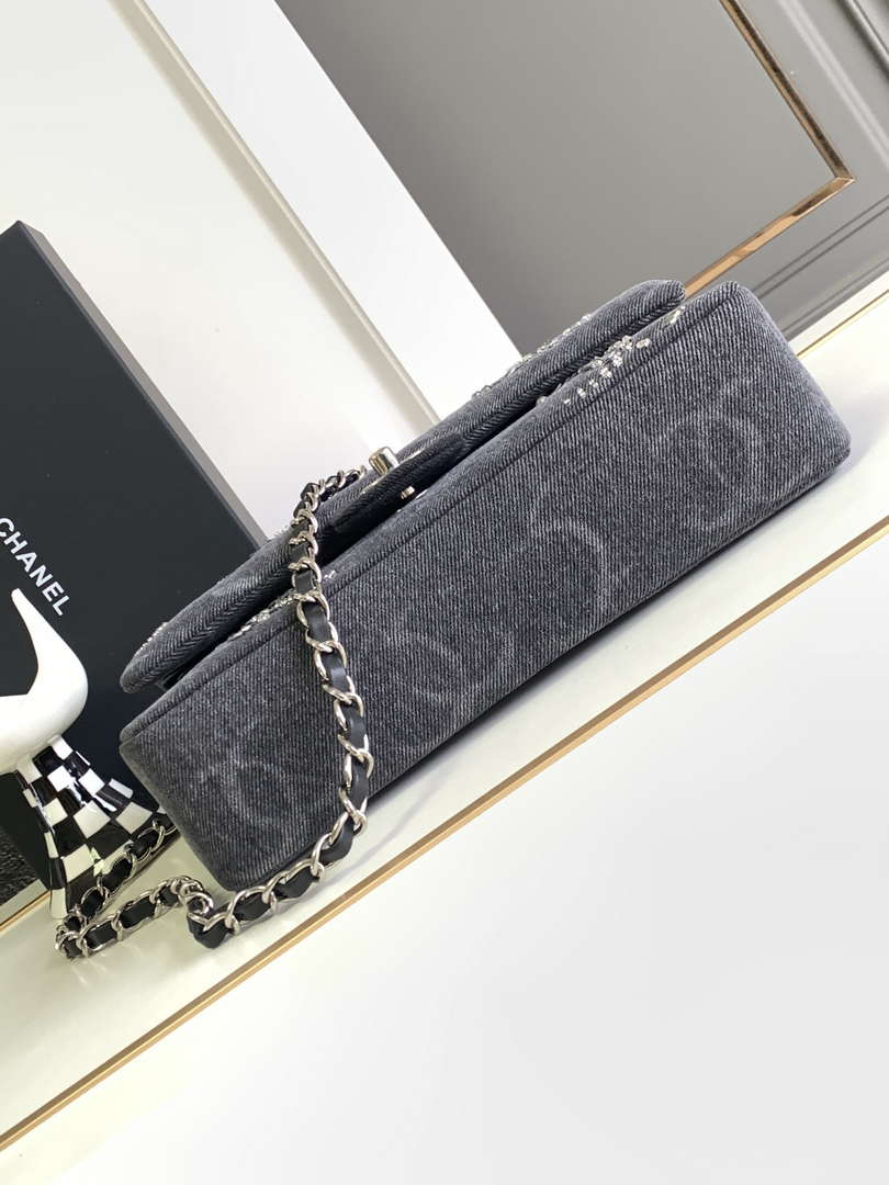 Chanel A01112 Flap Classic Handbag Gray denim beaded sequin bag - Default Title - View 4