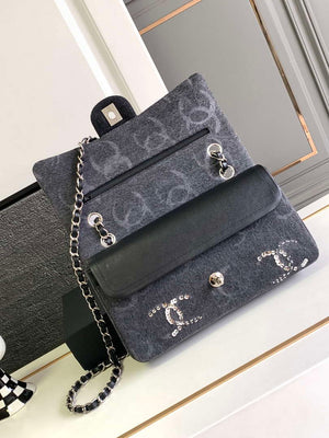 Chanel A01112 Flap Classic Handbag Gray denim beaded sequin bag - Default Title - View 5
