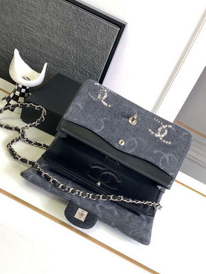 Chanel A01112 Flap Classic Handbag Gray denim beaded sequin bag - Default Title - View 6