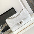 Chanel A01112 Flap Classic Handbag Tweed beads& Silver-Tone Metal White - Default Title - View 1