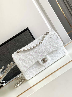 Chanel A01112 Flap Classic Handbag Tweed beads& Silver-Tone Metal White - Default Title - View 1