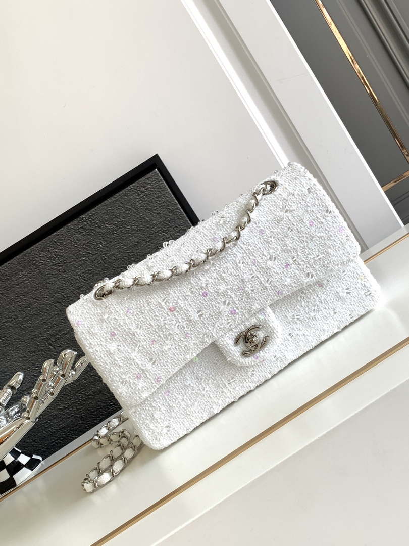 Chanel A01112 Flap Classic Handbag Tweed beads& Silver-Tone Metal White - Default Title - View 1