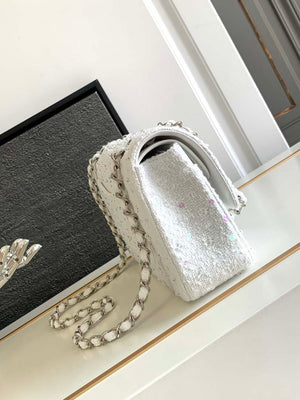 Chanel A01112 Flap Classic Handbag Tweed beads& Silver-Tone Metal White - Default Title - View 2
