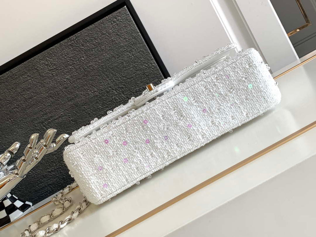 Chanel A01112 Flap Classic Handbag Tweed beads& Silver-Tone Metal White