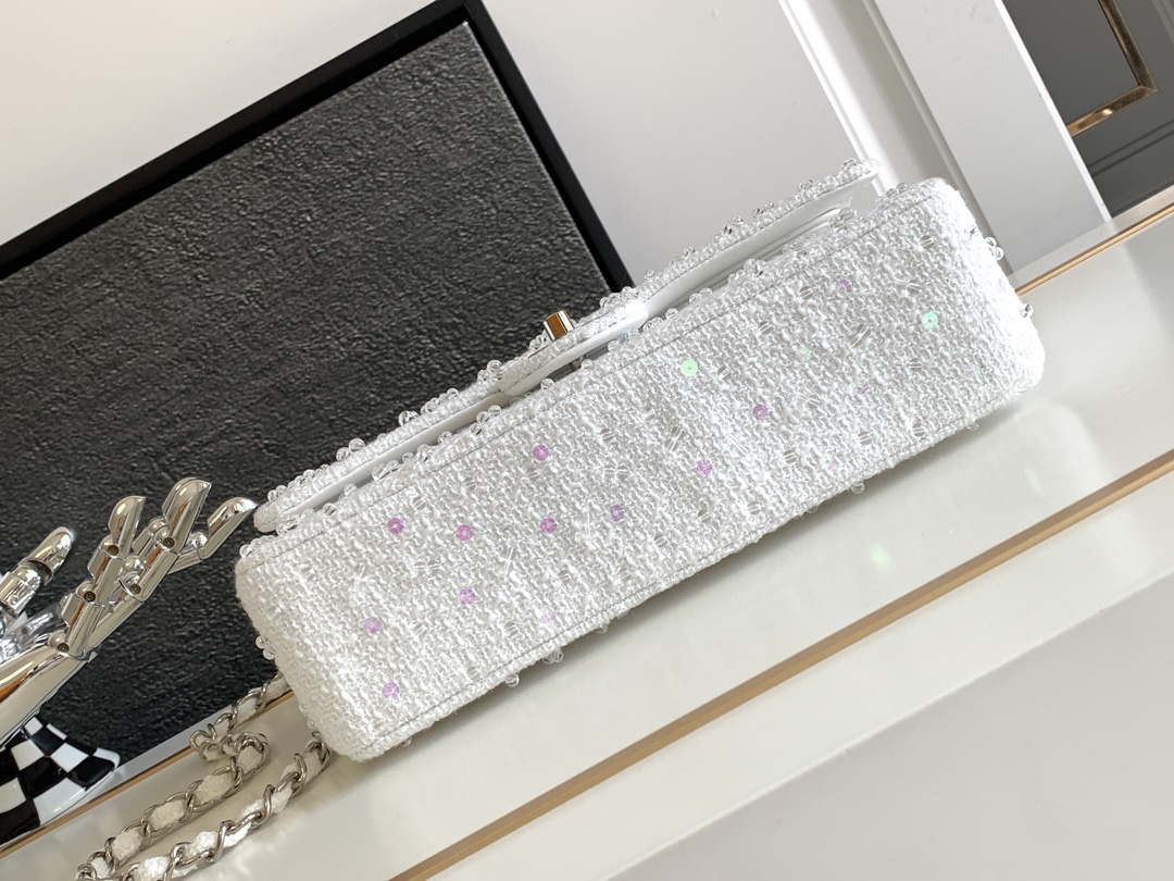 Chanel A01112 Flap Classic Handbag Tweed beads& Silver-Tone Metal White - Default Title - View 4